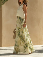 Alessandra - Chiffon Sleeveless Top with Ruffles and Lilium Print Trousers