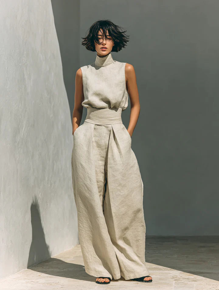 Flor™ | Women's Minimalist Cotton-Linen Set: Sleeveless Blouse & Wide-Leg Trousers