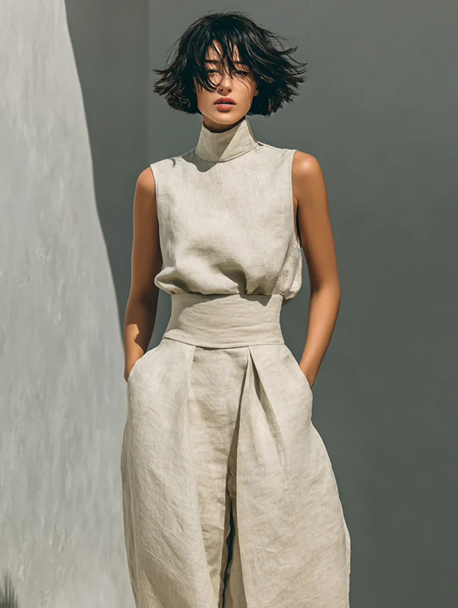 Flor™ | Women's Minimalist Cotton-Linen Set: Sleeveless Blouse & Wide-Leg Trousers
