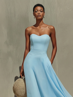 Serelina – Sky Blue Strapless Chiffon Midi Dress