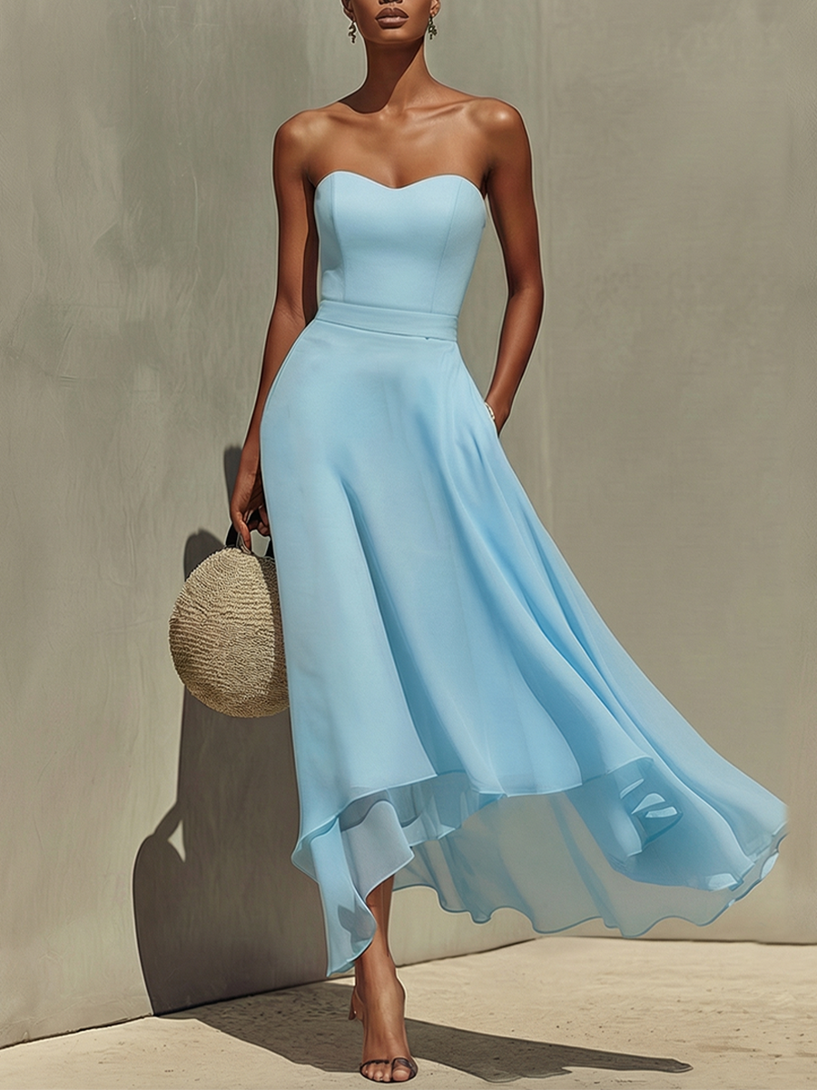 Serelina – Sky Blue Strapless Chiffon Midi Dress