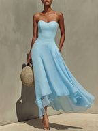 Serelina – Sky Blue Strapless Chiffon Midi Dress