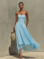 Serelina – Sky Blue Strapless Chiffon Midi Dress