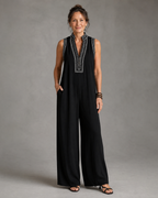 Velmira | Embroidered V Neck Sleeveless Wide Leg Jumpsuit