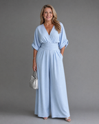 Emene | Draped V Neck Wide Leg Relaxed Jumpsuit