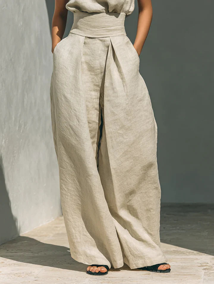 Flor™ | Women's Minimalist Cotton-Linen Set: Sleeveless Blouse & Wide-Leg Trousers