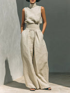 Flor™ | Women's Minimalist Cotton-Linen Set: Sleeveless Blouse & Wide-Leg Trousers