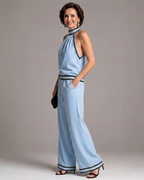 Zephyrine | Contrast Trim Halter Neck Wide Leg Jumpsuit