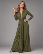 Vimmer | Draped Deep V Neck Long Sleeve Maxi Dress