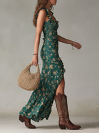 Sara | Long boho retro style dress with puffed sleeves and high slit