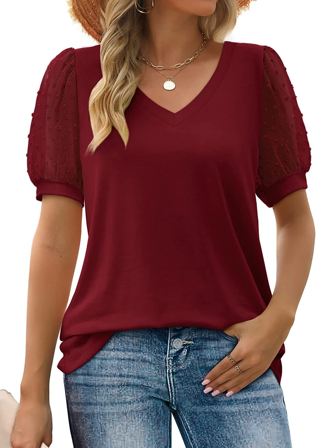 RHINA™ - Sheer Sleeve V-Neck Top