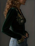 Nora  | Long-Sleeve Velvet Blouse with Embroidered Flowers