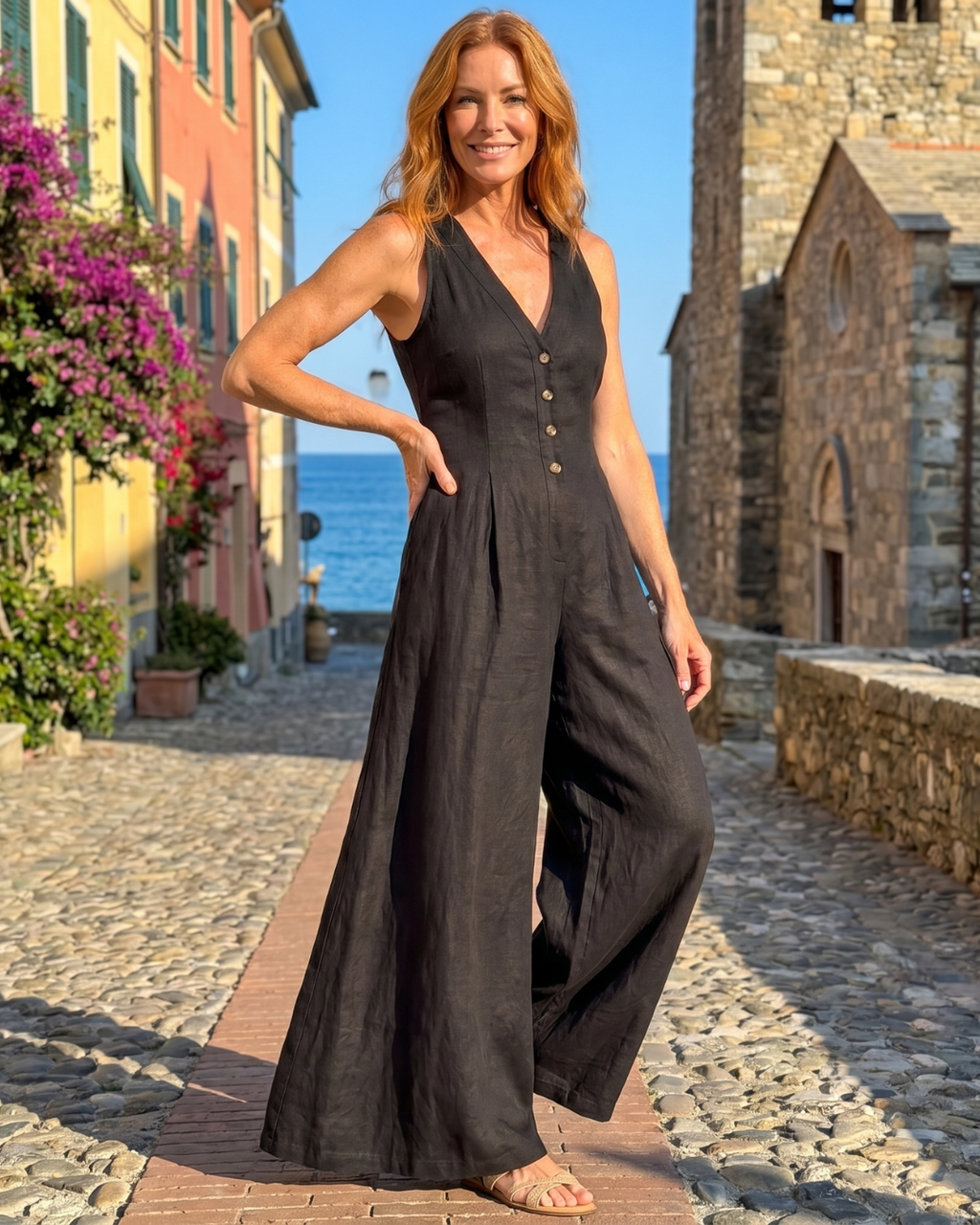 Lyssara | Button Front Sleeveless Wide Leg Relaxed Jumpsuit