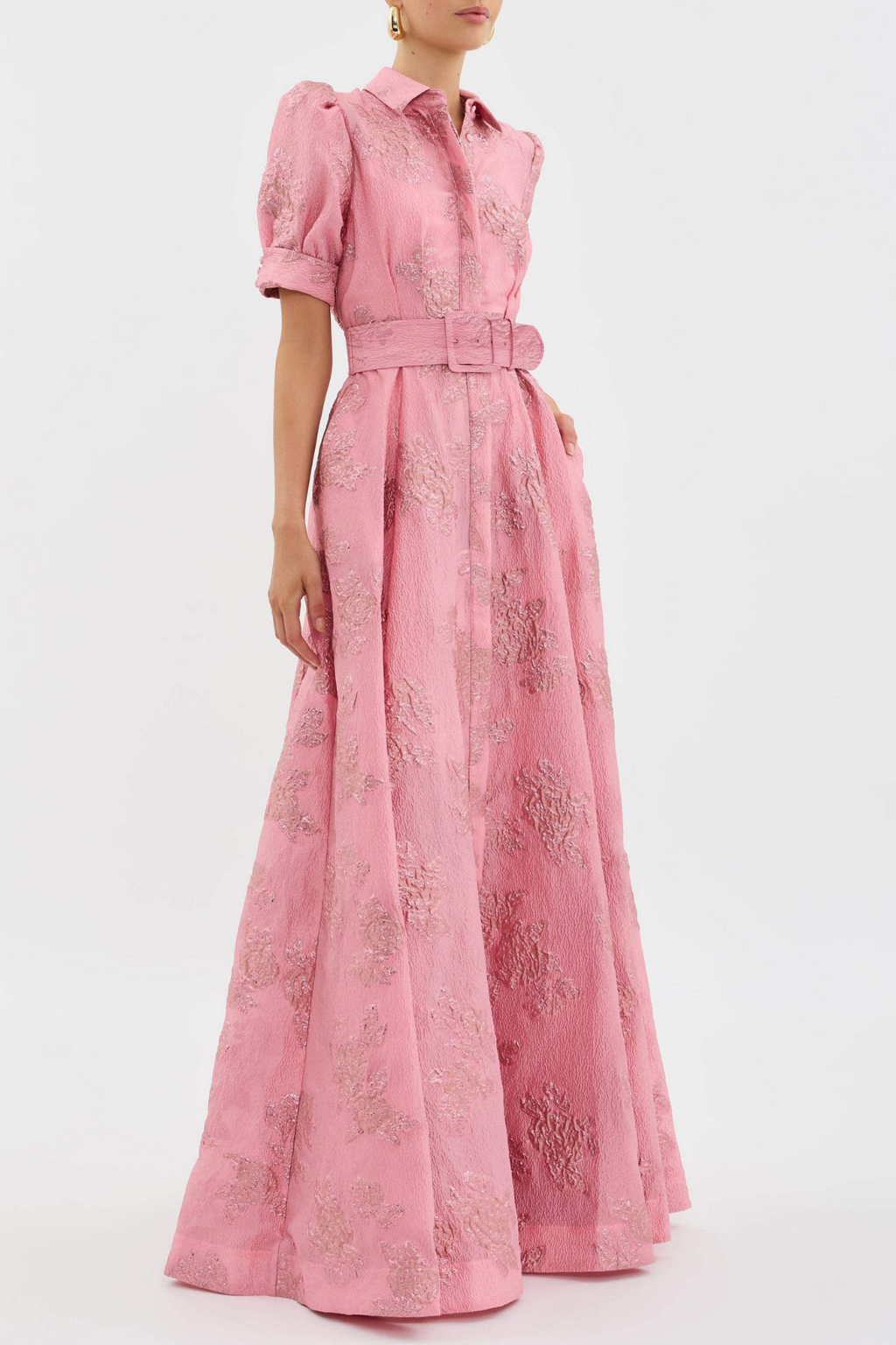 Beatrix | Women's Pink Jacquard Belted Shirt Maxi Dress