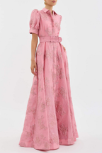 Beatrix | Women's Pink Jacquard Belted Shirt Maxi Dress