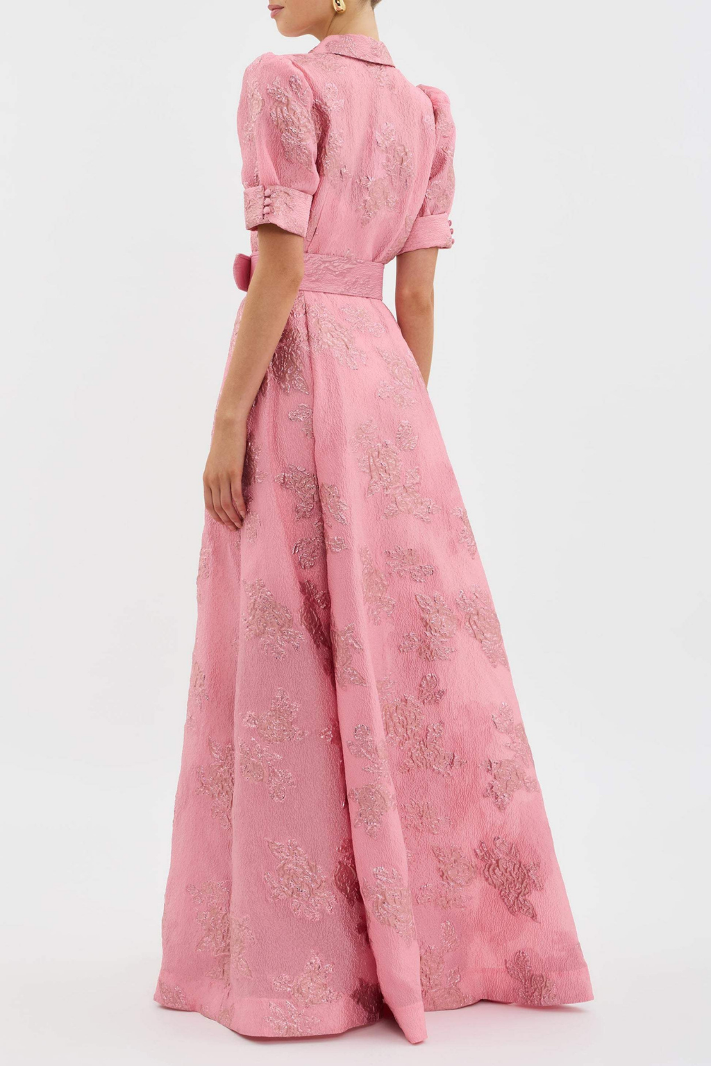 Beatrix | Women's Pink Jacquard Belted Shirt Maxi Dress