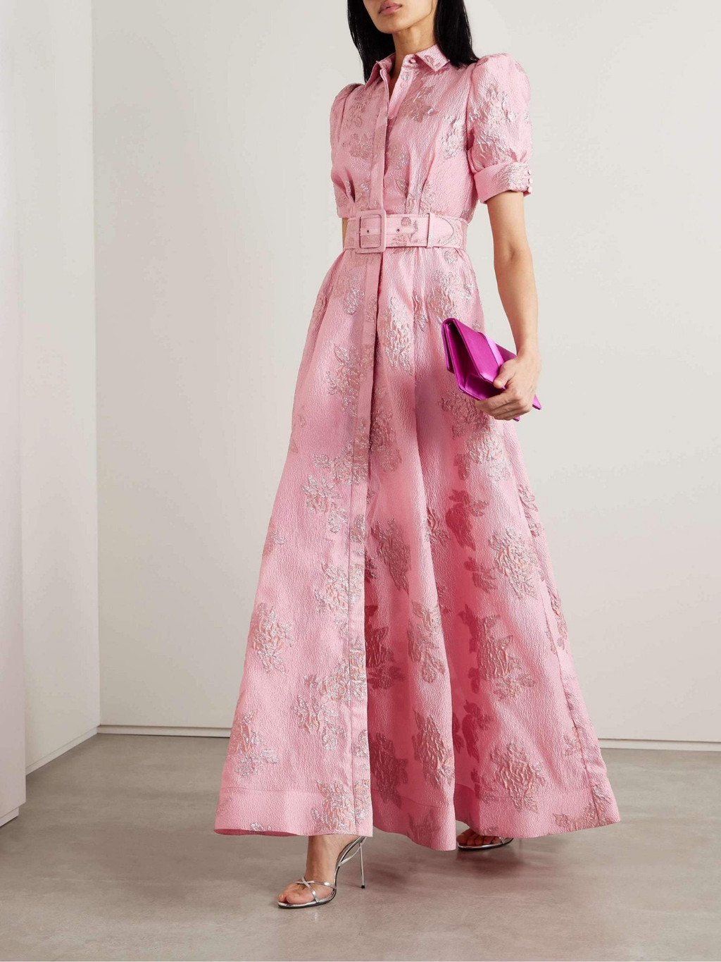 Beatrix | Women's Pink Jacquard Belted Shirt Maxi Dress