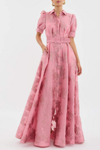 Beatrix | Women's Pink Jacquard Belted Shirt Maxi Dress