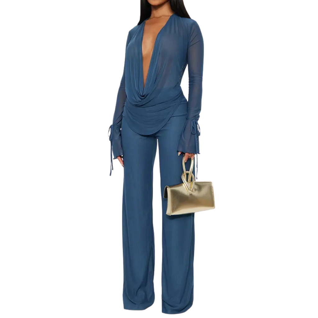 ROXELLA™ – Deep V Ruffle Bell-Bottom Set