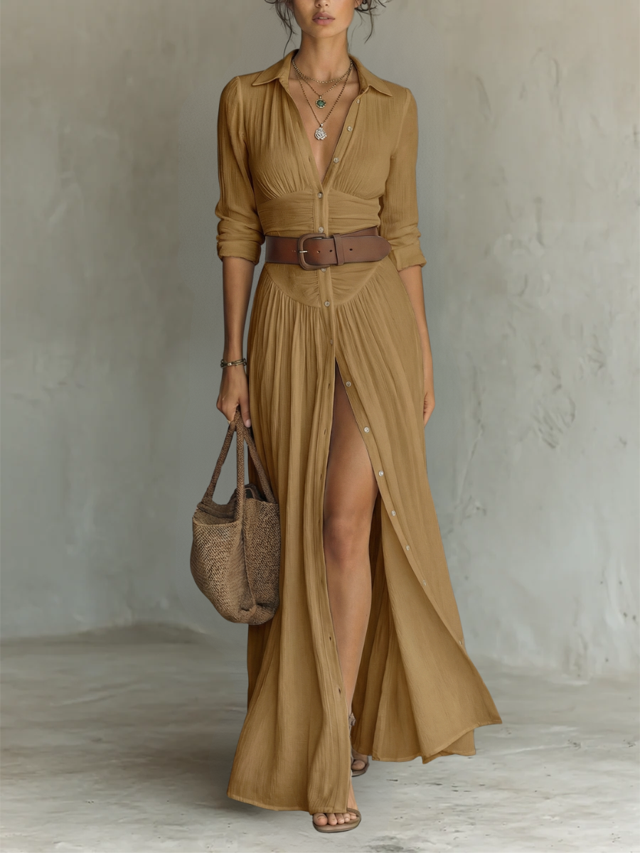 Phoebe | Long Maxi Dress with Notched Collar and Long Sleeves for Women