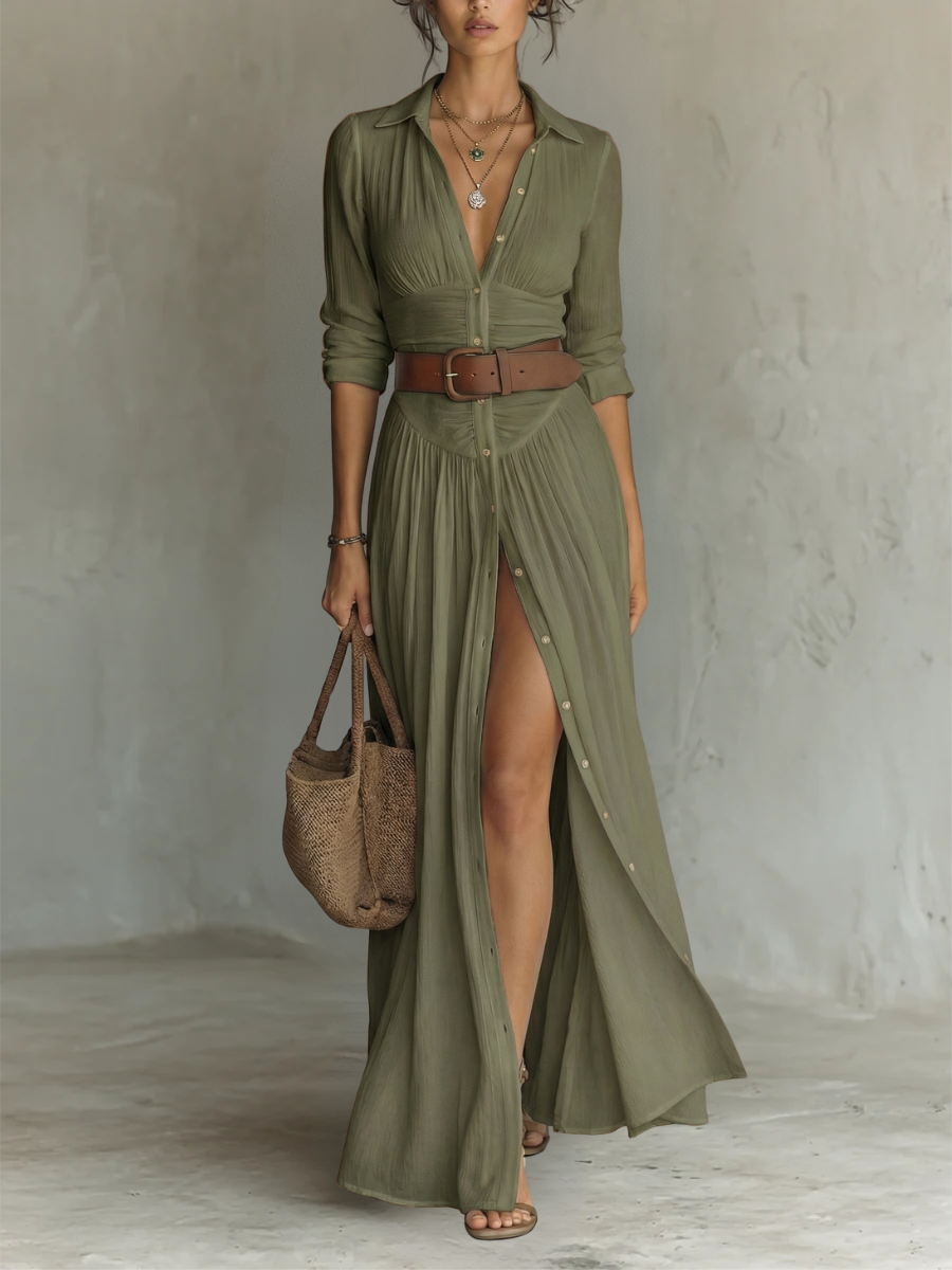 Phoebe | Long Maxi Dress with Notched Collar and Long Sleeves for Women