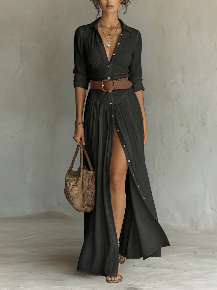 Phoebe | Long Maxi Dress with Notched Collar and Long Sleeves for Women
