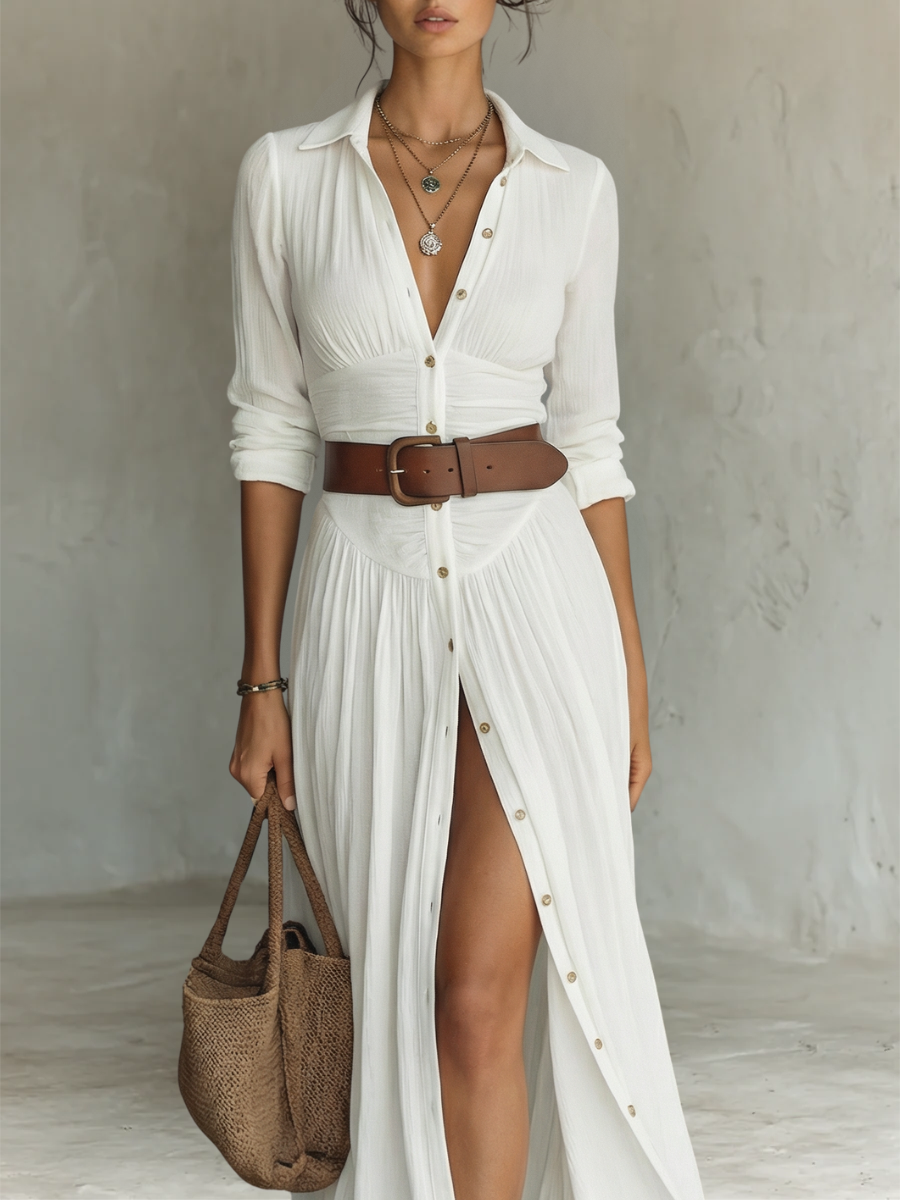 Phoebe | Long Maxi Dress with Notched Collar and Long Sleeves for Women