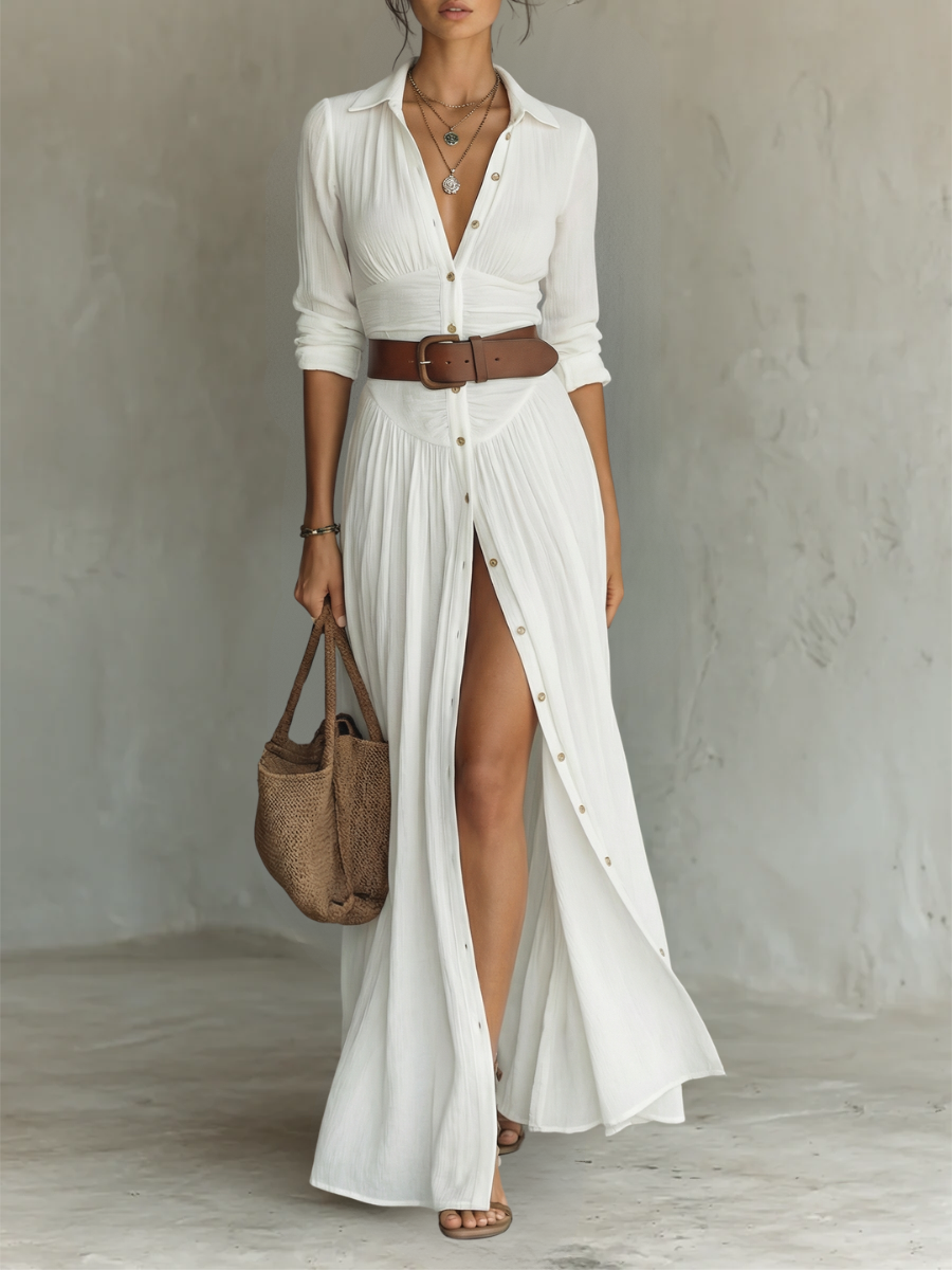 Phoebe | Long Maxi Dress with Notched Collar and Long Sleeves for Women