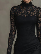 Elegant black stretchy lace fishtail maxi dress
