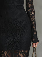 Elegant black stretchy lace fishtail maxi dress