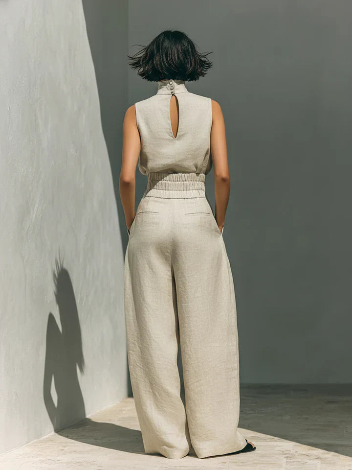Flor™ | Women's Minimalist Cotton-Linen Set: Sleeveless Blouse & Wide-Leg Trousers