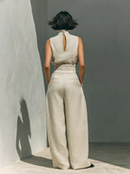 Flor™ | Women's Minimalist Cotton-Linen Set: Sleeveless Blouse & Wide-Leg Trousers