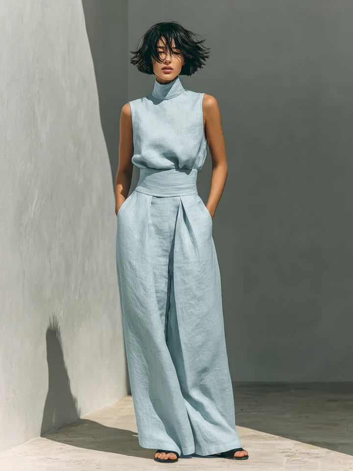 Flor™ | Women's Minimalist Cotton-Linen Set: Sleeveless Blouse & Wide-Leg Trousers