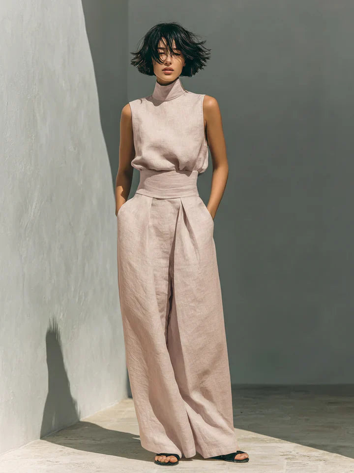 Flor™ | Women's Minimalist Cotton-Linen Set: Sleeveless Blouse & Wide-Leg Trousers