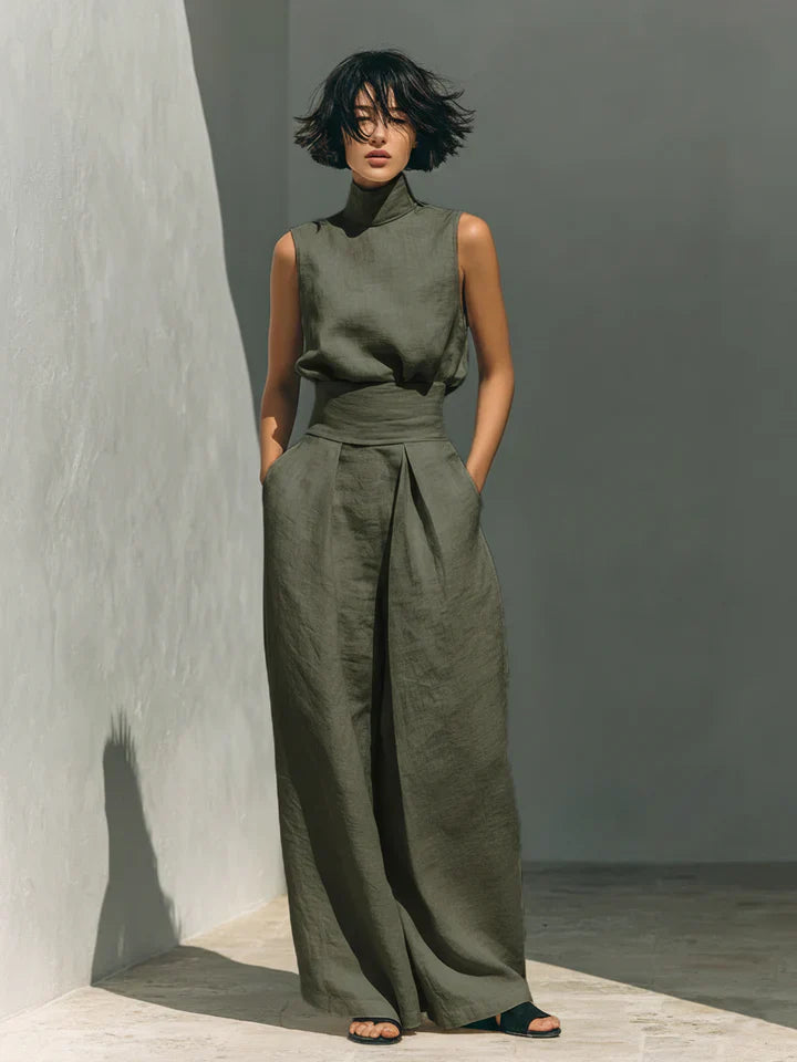 Flor™ | Women's Minimalist Cotton-Linen Set: Sleeveless Blouse & Wide-Leg Trousers