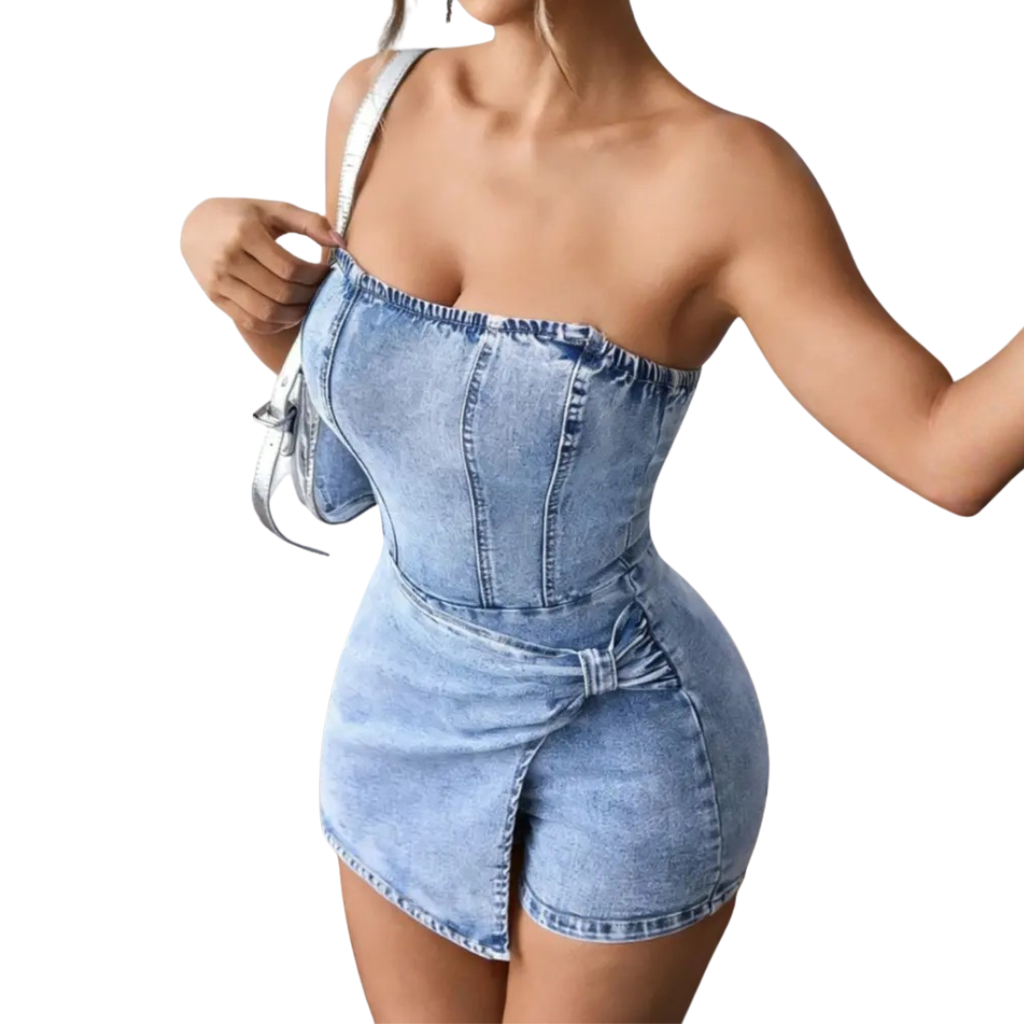 VIXEN™ – Twisted Front Strapless Denim Romper
