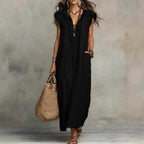 Josefina™ | Linen-Texture Maxi Dress with V-Neck & Ruffles