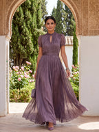 Flavia | Elegant long purple dress with a drop neckline and lace