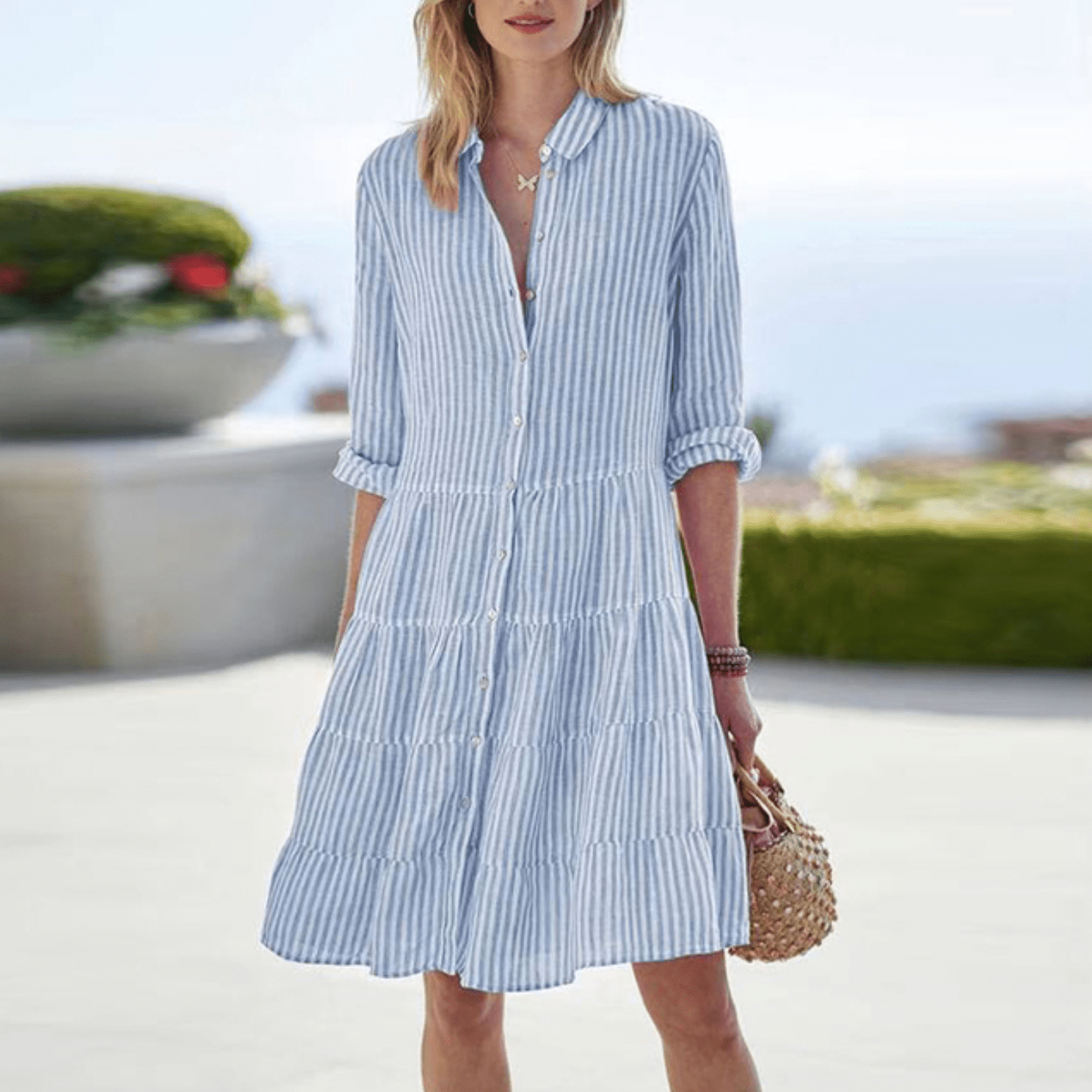 Sienna | Women's Linen Stripe Tiered Shirt Dress