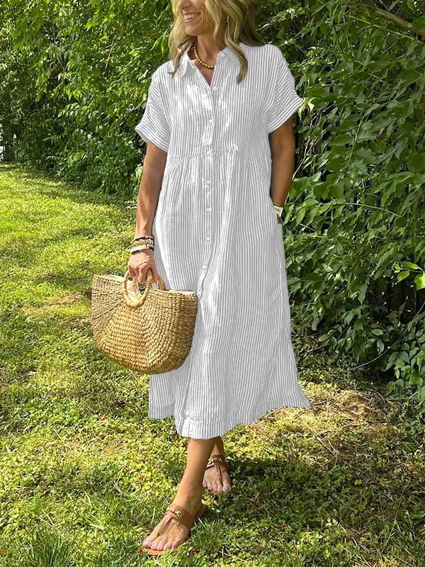 Sloane | Women's Linen Stripe Button-Down Short Sleeve Midi Dress