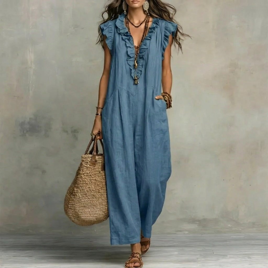 Josefina™ | Linen-Texture Maxi Dress with V-Neck & Ruffles