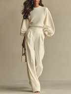 Sophie Ribbed Crew Neck Top and High-waisted Wide-leg Pants Suit