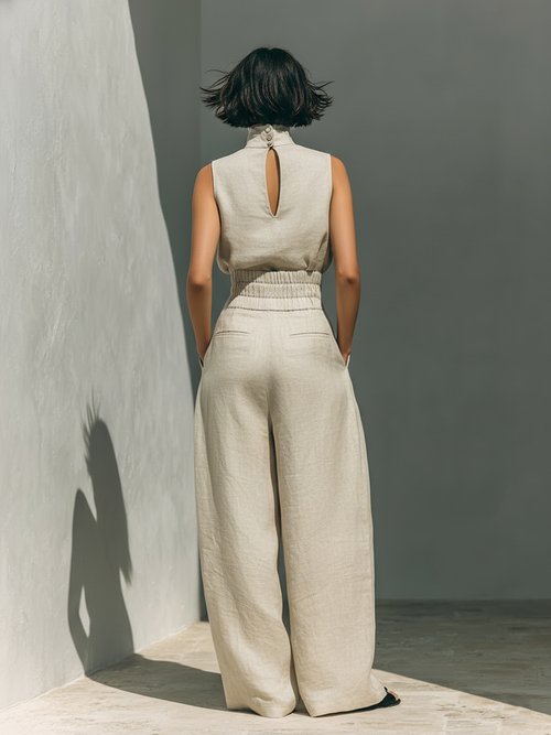 Aurora | Relaxed Beige Sleeveless Wide-Leg Co-Ord Set