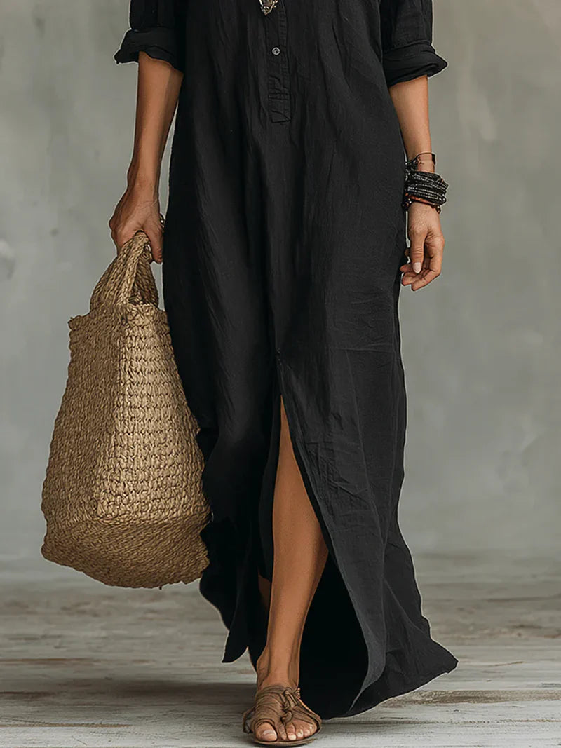 Selena™ | Loose Black Button Maxi Dress