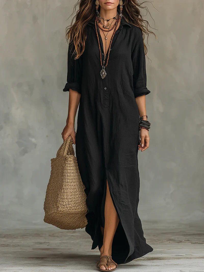 Selena™ | Loose Black Button Maxi Dress