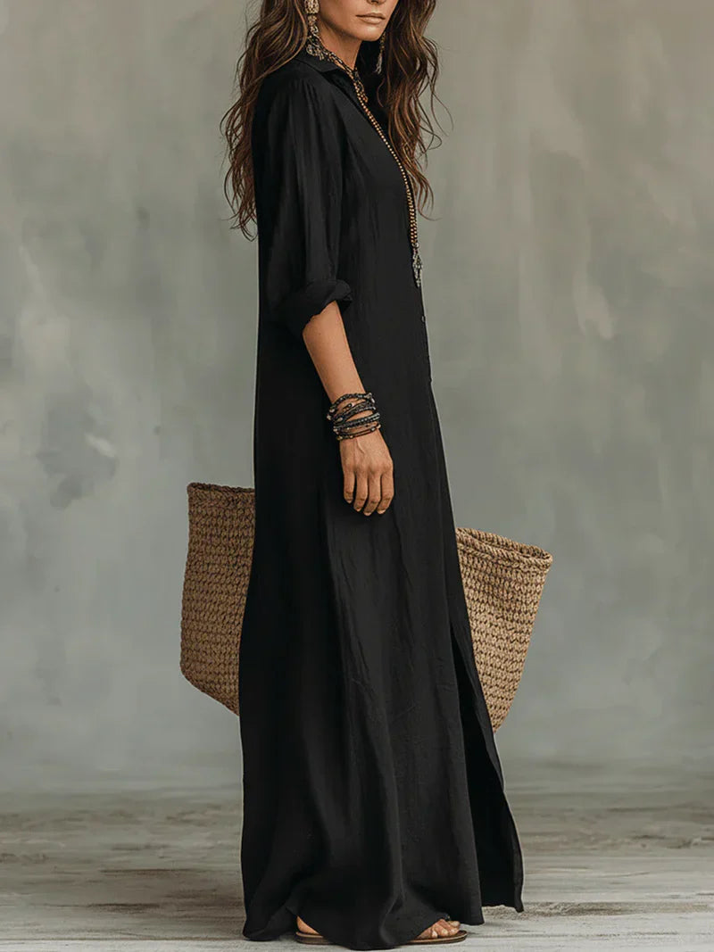 Selena™ | Loose Black Button Maxi Dress