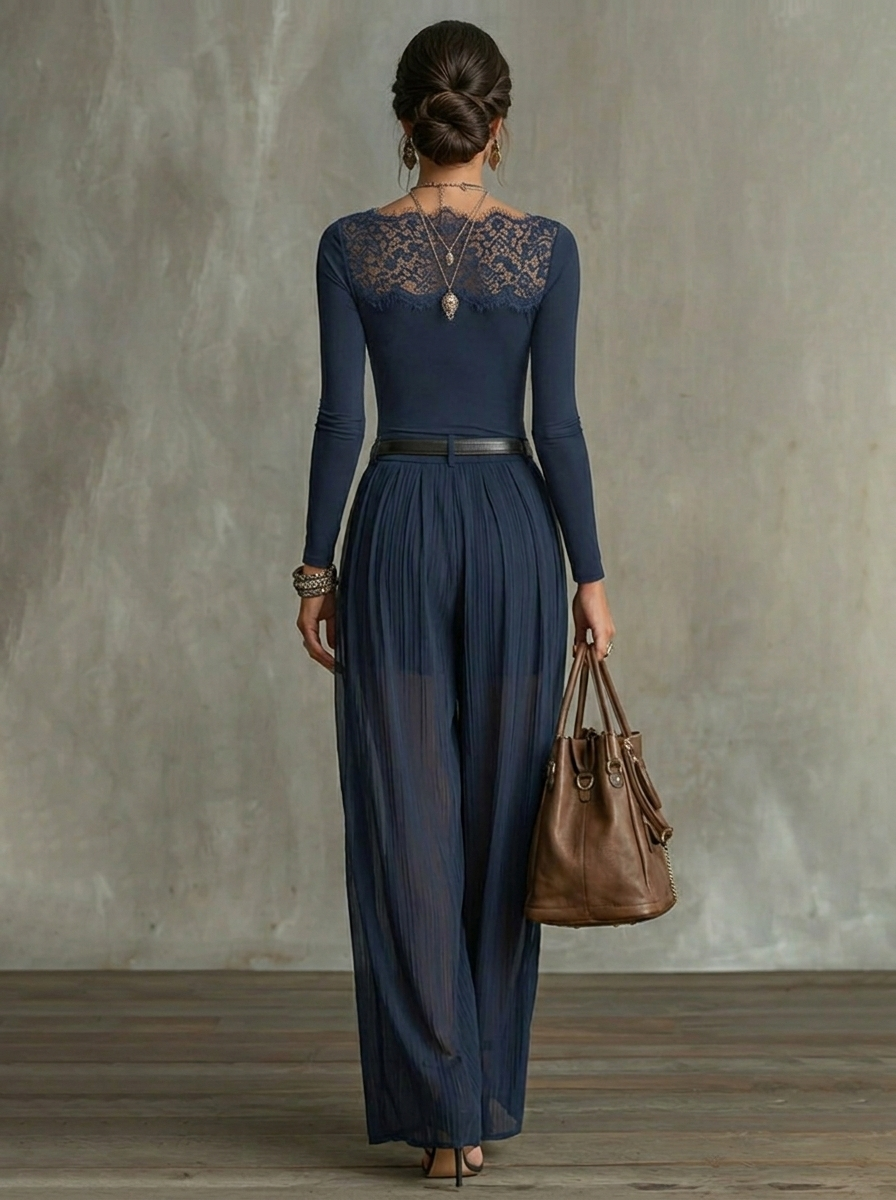 Serena Lace-Panel Top & Sheer Wide-Leg Pants Set