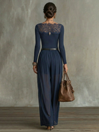 Serena Lace-Panel Top & Sheer Wide-Leg Pants Set