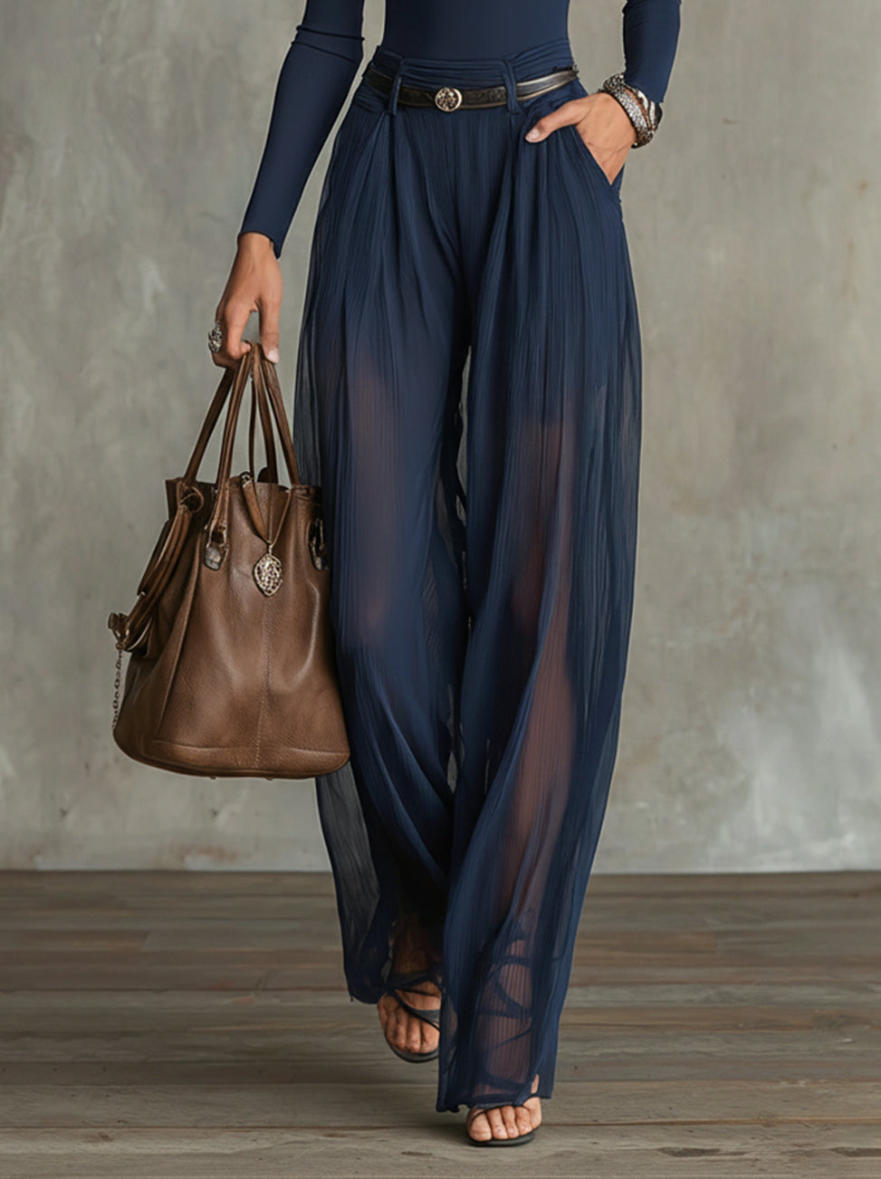 Serena Lace-Panel Top & Sheer Wide-Leg Pants Set