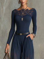 Serena Lace-Panel Top & Sheer Wide-Leg Pants Set